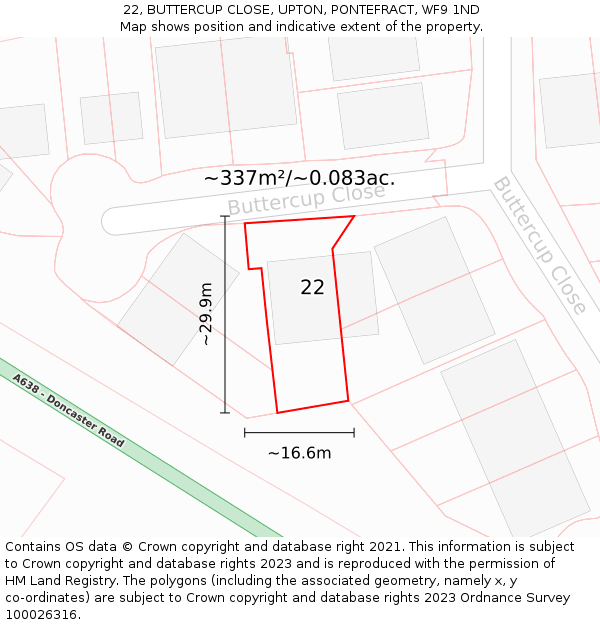 22, BUTTERCUP CLOSE, UPTON, PONTEFRACT, WF9 1ND: Plot and title map