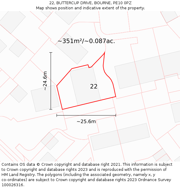 22, BUTTERCUP DRIVE, BOURNE, PE10 0PZ: Plot and title map