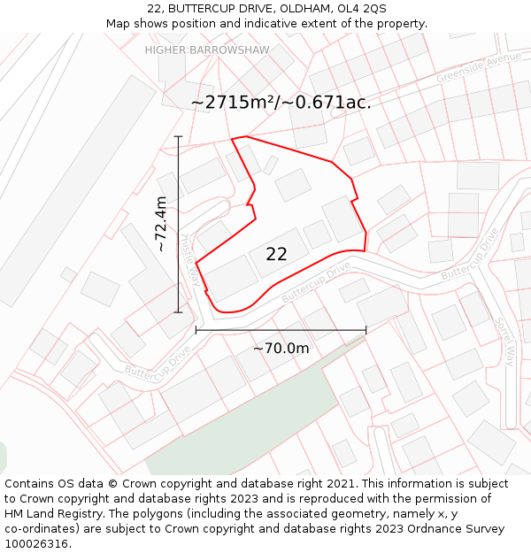 22, BUTTERCUP DRIVE, OLDHAM, OL4 2QS: Plot and title map