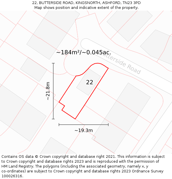 22, BUTTERSIDE ROAD, KINGSNORTH, ASHFORD, TN23 3PD: Plot and title map