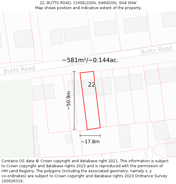 22, BUTTS ROAD, CHISELDON, SWINDON, SN4 0NW: Plot and title map