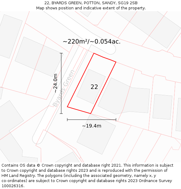 22, BYARDS GREEN, POTTON, SANDY, SG19 2SB: Plot and title map