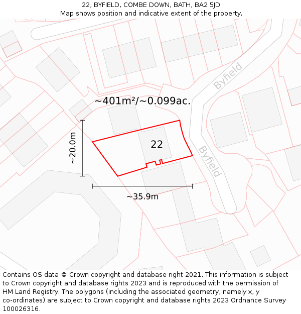 22, BYFIELD, COMBE DOWN, BATH, BA2 5JD: Plot and title map