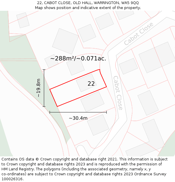 22, CABOT CLOSE, OLD HALL, WARRINGTON, WA5 9QQ: Plot and title map