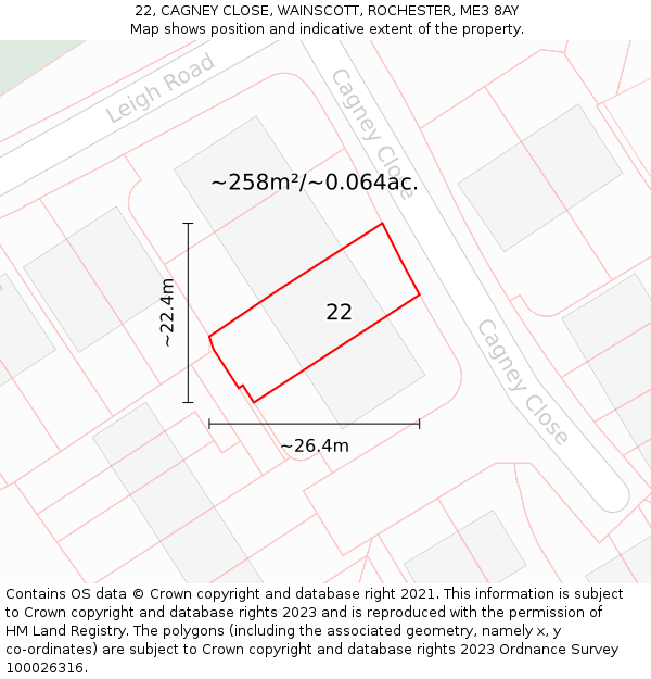 22, CAGNEY CLOSE, WAINSCOTT, ROCHESTER, ME3 8AY: Plot and title map