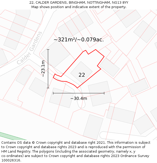 22, CALDER GARDENS, BINGHAM, NOTTINGHAM, NG13 8YY: Plot and title map