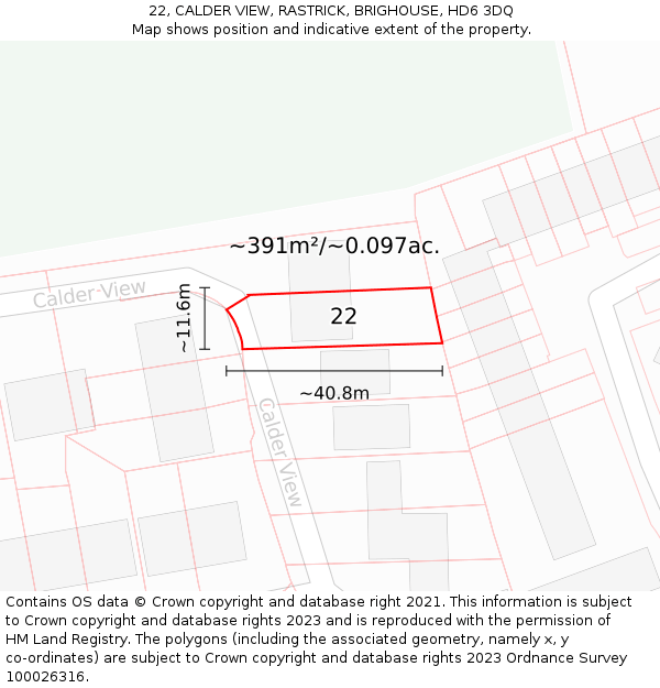 22, CALDER VIEW, RASTRICK, BRIGHOUSE, HD6 3DQ: Plot and title map