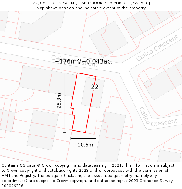 22, CALICO CRESCENT, CARRBROOK, STALYBRIDGE, SK15 3FJ: Plot and title map