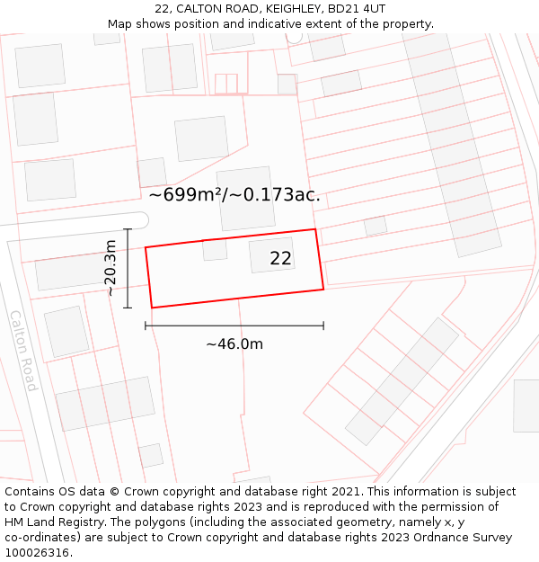 22, CALTON ROAD, KEIGHLEY, BD21 4UT: Plot and title map