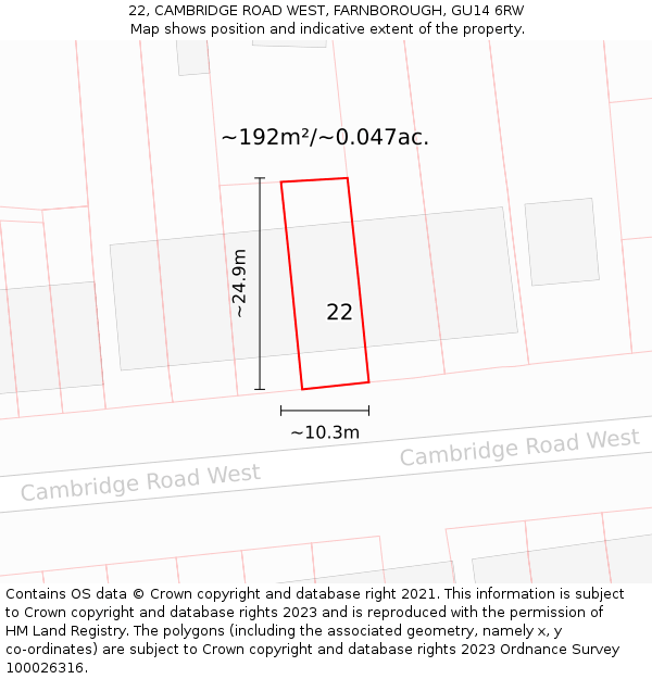 22, CAMBRIDGE ROAD WEST, FARNBOROUGH, GU14 6RW: Plot and title map