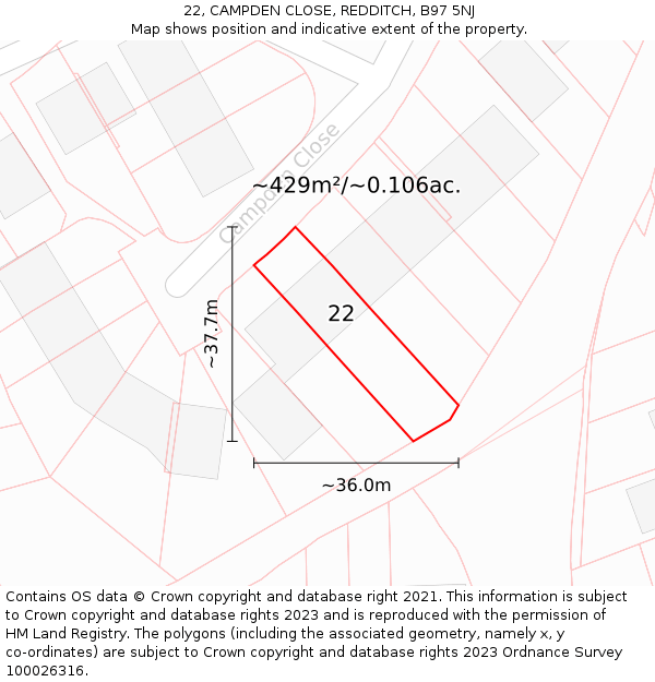 22, CAMPDEN CLOSE, REDDITCH, B97 5NJ: Plot and title map