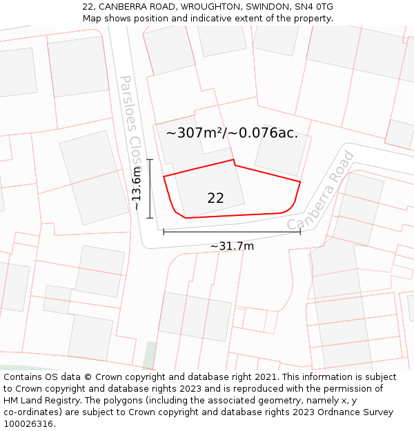 22, CANBERRA ROAD, WROUGHTON, SWINDON, SN4 0TG: Plot and title map