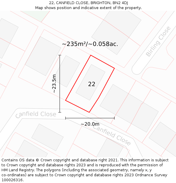 22, CANFIELD CLOSE, BRIGHTON, BN2 4DJ: Plot and title map