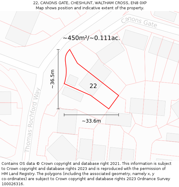 22, CANONS GATE, CHESHUNT, WALTHAM CROSS, EN8 0XP: Plot and title map