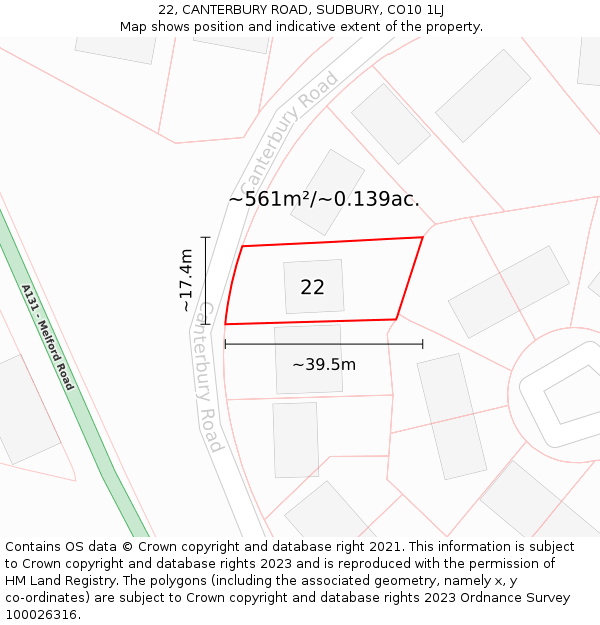 22, CANTERBURY ROAD, SUDBURY, CO10 1LJ: Plot and title map