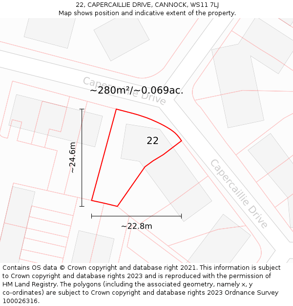 22, CAPERCAILLIE DRIVE, CANNOCK, WS11 7LJ: Plot and title map