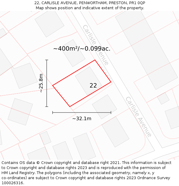 22, CARLISLE AVENUE, PENWORTHAM, PRESTON, PR1 0QP: Plot and title map