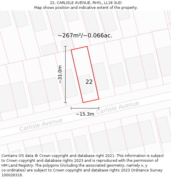 22, CARLISLE AVENUE, RHYL, LL18 3UD: Plot and title map