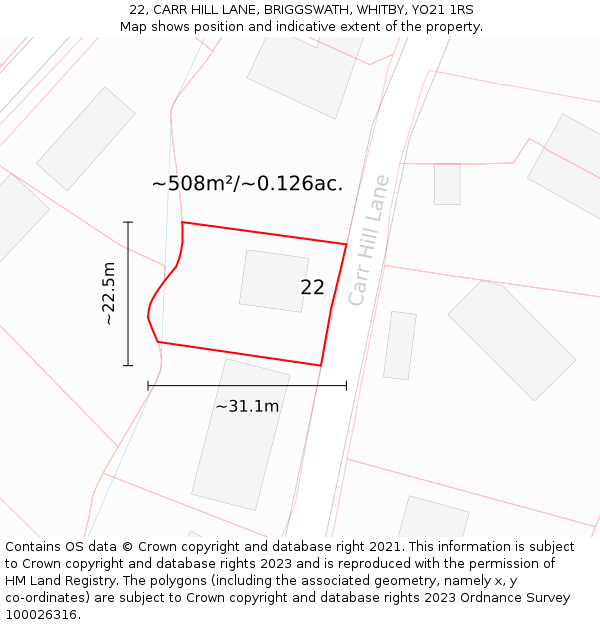 22, CARR HILL LANE, BRIGGSWATH, WHITBY, YO21 1RS: Plot and title map