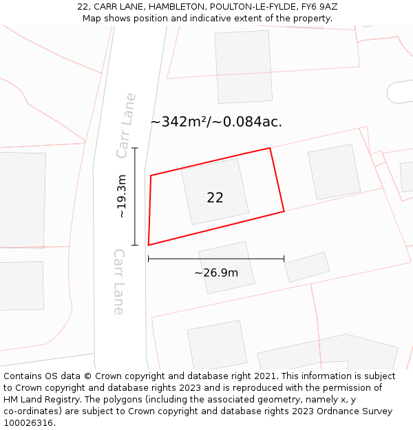 22, CARR LANE, HAMBLETON, POULTON-LE-FYLDE, FY6 9AZ: Plot and title map