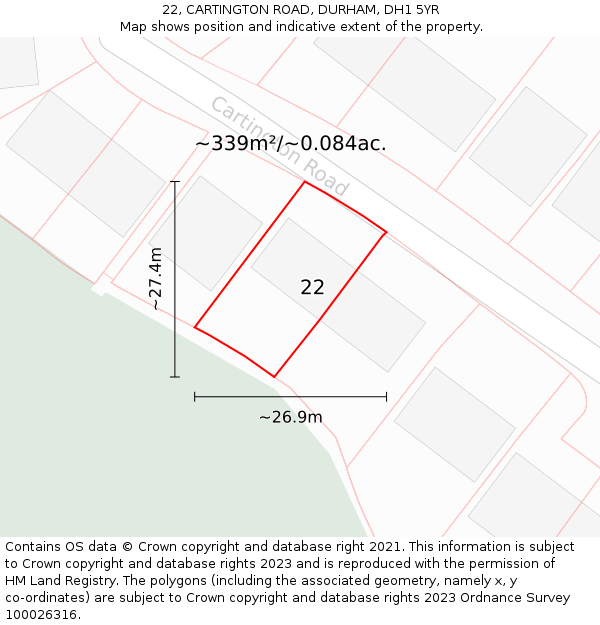 22, CARTINGTON ROAD, DURHAM, DH1 5YR: Plot and title map