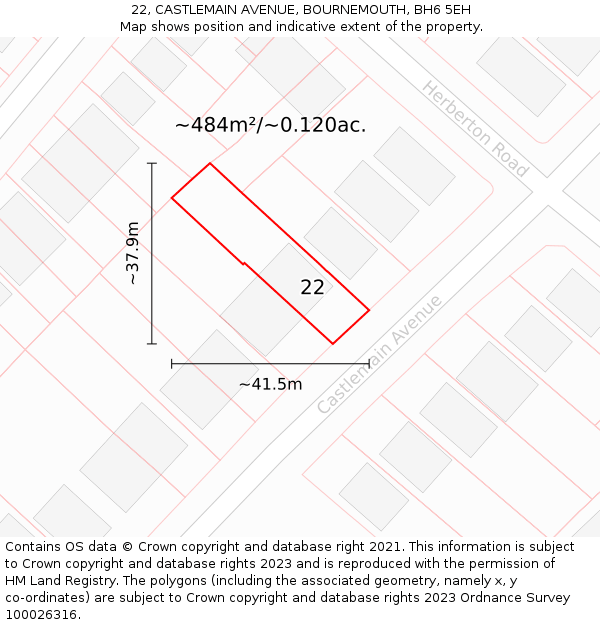 22, CASTLEMAIN AVENUE, BOURNEMOUTH, BH6 5EH: Plot and title map