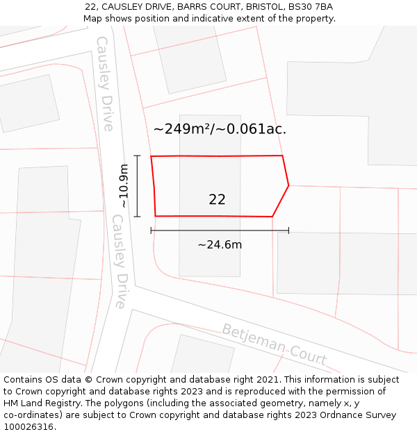 22, CAUSLEY DRIVE, BARRS COURT, BRISTOL, BS30 7BA: Plot and title map