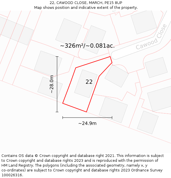 22, CAWOOD CLOSE, MARCH, PE15 8UP: Plot and title map