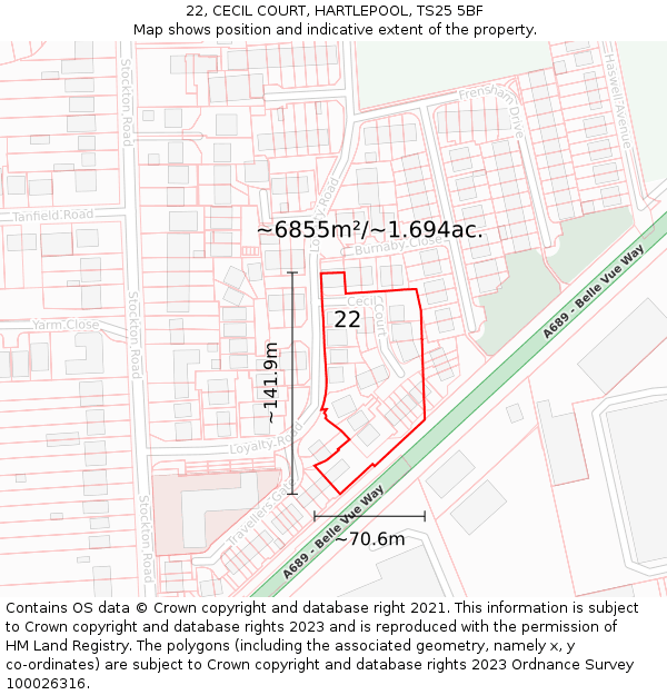 22, CECIL COURT, HARTLEPOOL, TS25 5BF: Plot and title map