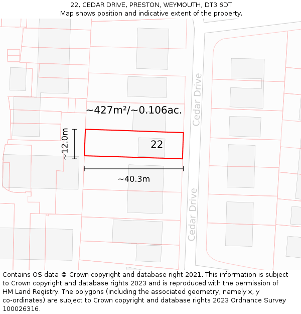 22, CEDAR DRIVE, PRESTON, WEYMOUTH, DT3 6DT: Plot and title map