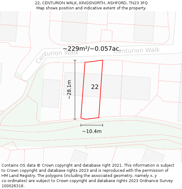 22, CENTURION WALK, KINGSNORTH, ASHFORD, TN23 3FQ: Plot and title map