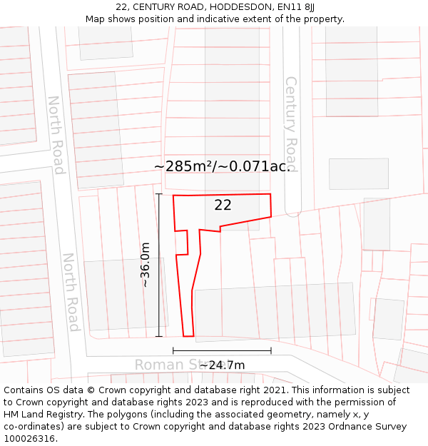 22, CENTURY ROAD, HODDESDON, EN11 8JJ: Plot and title map