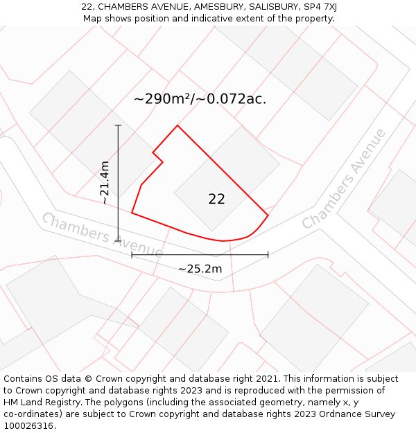 22, CHAMBERS AVENUE, AMESBURY, SALISBURY, SP4 7XJ: Plot and title map