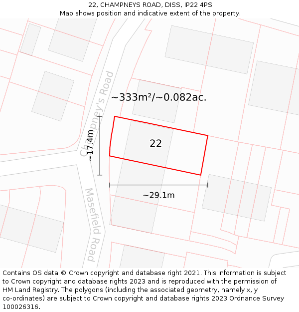 22, CHAMPNEYS ROAD, DISS, IP22 4PS: Plot and title map