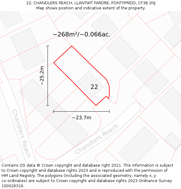 22, CHANDLERS REACH, LLANTWIT FARDRE, PONTYPRIDD, CF38 2NJ: Plot and title map