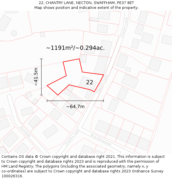 22, CHANTRY LANE, NECTON, SWAFFHAM, PE37 8ET: Plot and title map