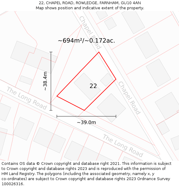 22, CHAPEL ROAD, ROWLEDGE, FARNHAM, GU10 4AN: Plot and title map