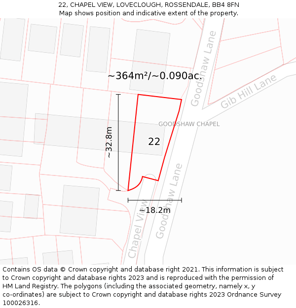 22, CHAPEL VIEW, LOVECLOUGH, ROSSENDALE, BB4 8FN: Plot and title map