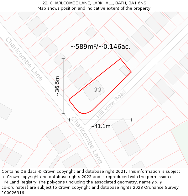 22, CHARLCOMBE LANE, LARKHALL, BATH, BA1 6NS: Plot and title map