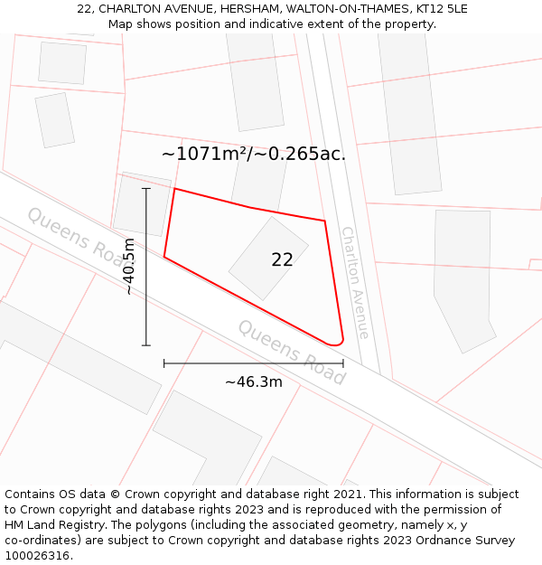 22, CHARLTON AVENUE, HERSHAM, WALTON-ON-THAMES, KT12 5LE: Plot and title map