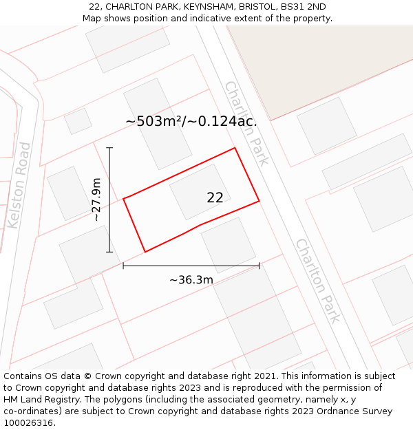 22, CHARLTON PARK, KEYNSHAM, BRISTOL, BS31 2ND: Plot and title map