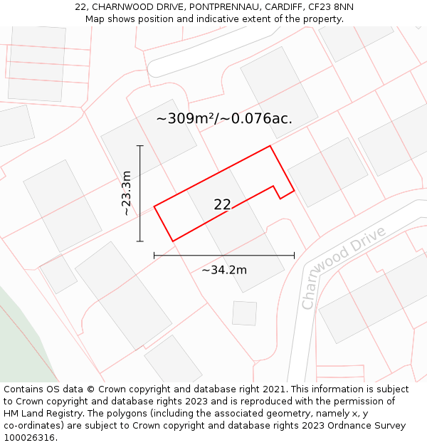 22, CHARNWOOD DRIVE, PONTPRENNAU, CARDIFF, CF23 8NN: Plot and title map