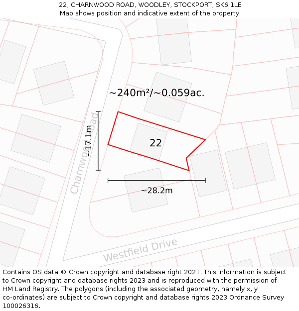 22, CHARNWOOD ROAD, WOODLEY, STOCKPORT, SK6 1LE: Plot and title map