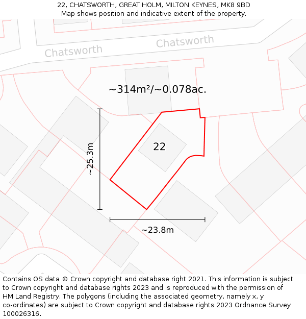 22, CHATSWORTH, GREAT HOLM, MILTON KEYNES, MK8 9BD: Plot and title map