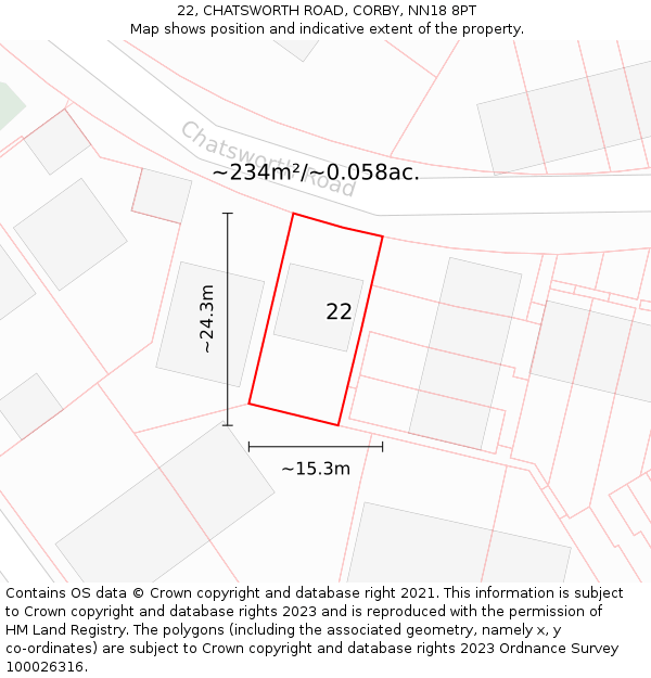 22, CHATSWORTH ROAD, CORBY, NN18 8PT: Plot and title map