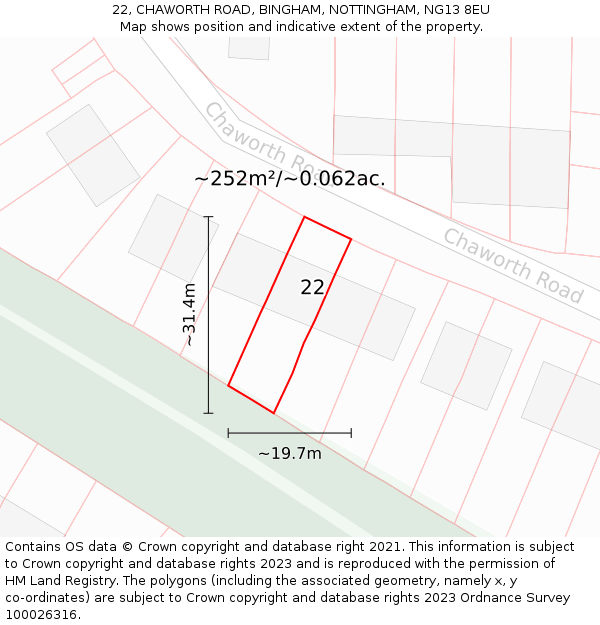 22, CHAWORTH ROAD, BINGHAM, NOTTINGHAM, NG13 8EU: Plot and title map