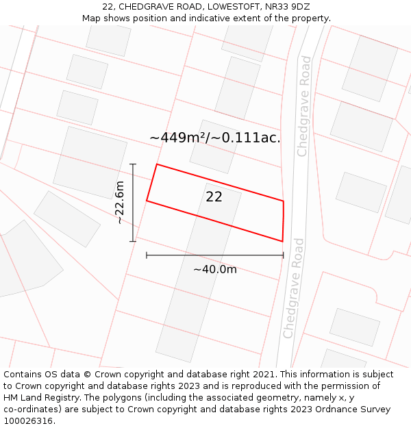 22, CHEDGRAVE ROAD, LOWESTOFT, NR33 9DZ: Plot and title map