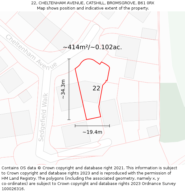 22, CHELTENHAM AVENUE, CATSHILL, BROMSGROVE, B61 0RX: Plot and title map