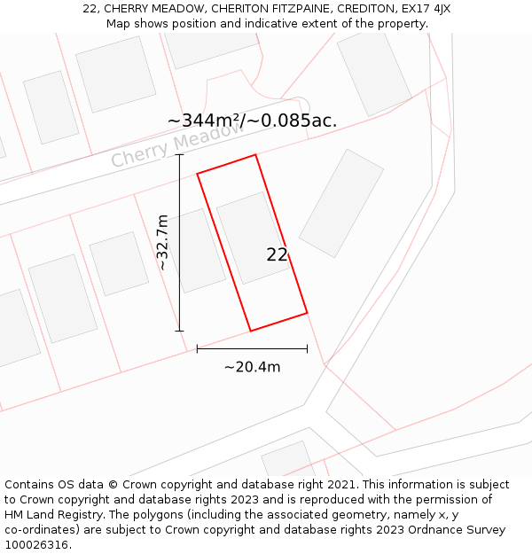 22, CHERRY MEADOW, CHERITON FITZPAINE, CREDITON, EX17 4JX: Plot and title map
