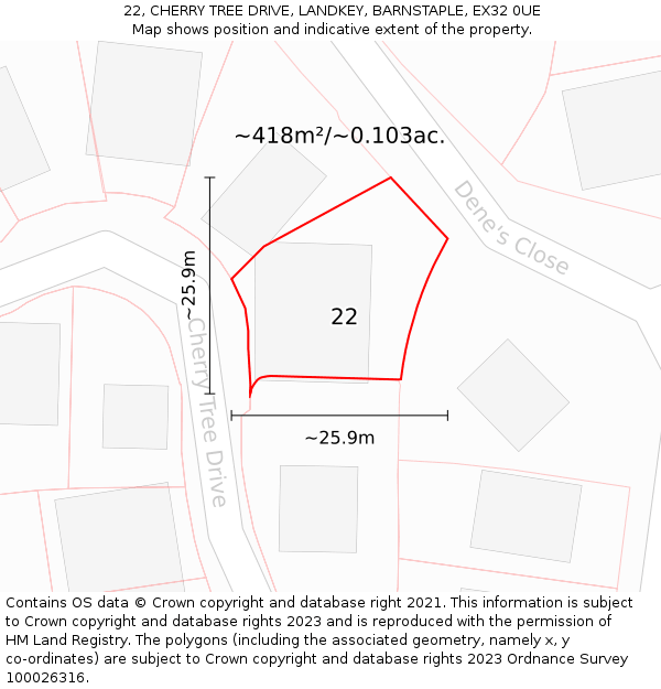 22, CHERRY TREE DRIVE, LANDKEY, BARNSTAPLE, EX32 0UE: Plot and title map